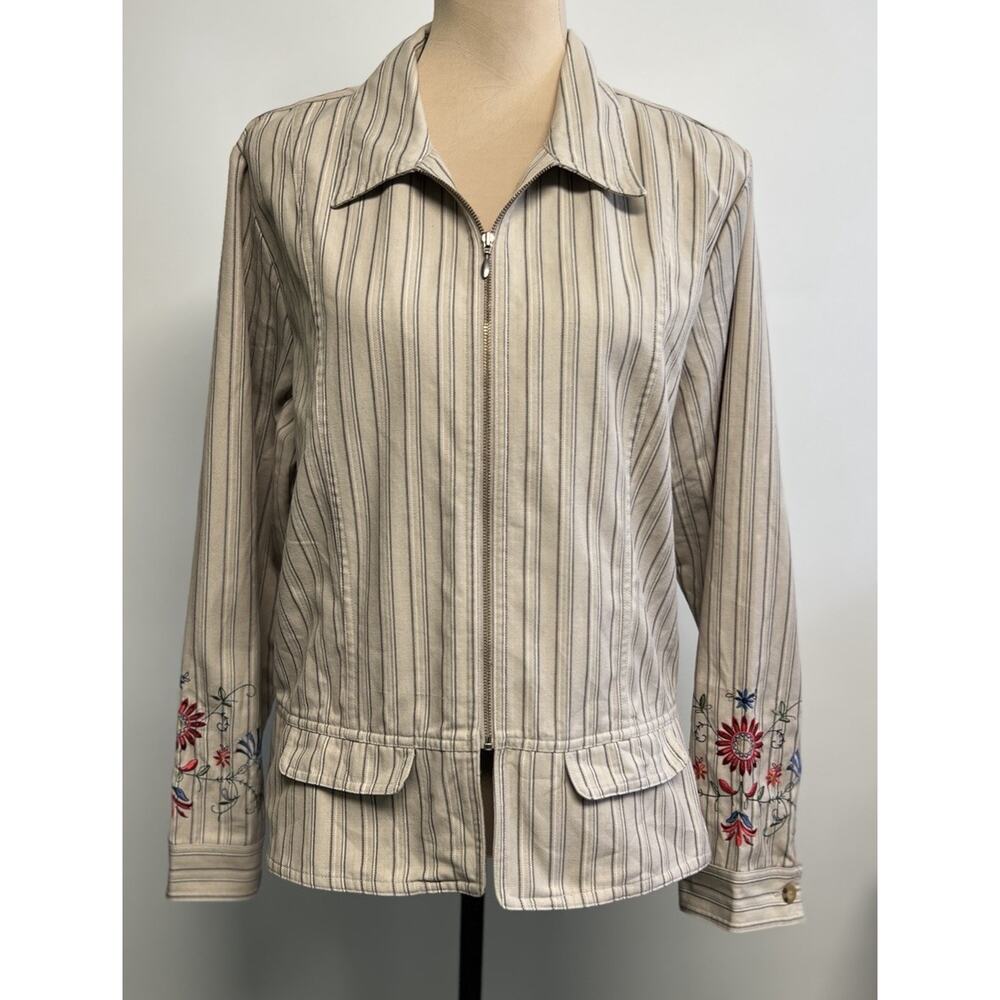Y2K Boho Jacket Floral Embroidery XL Pinstriped Full Zip Whimsy Hippie Artsy - Picture 2 of 14